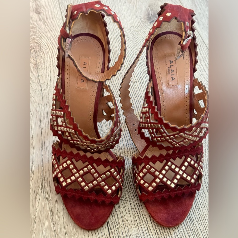 Alaia Laser Cut Red Suede Platform Heels